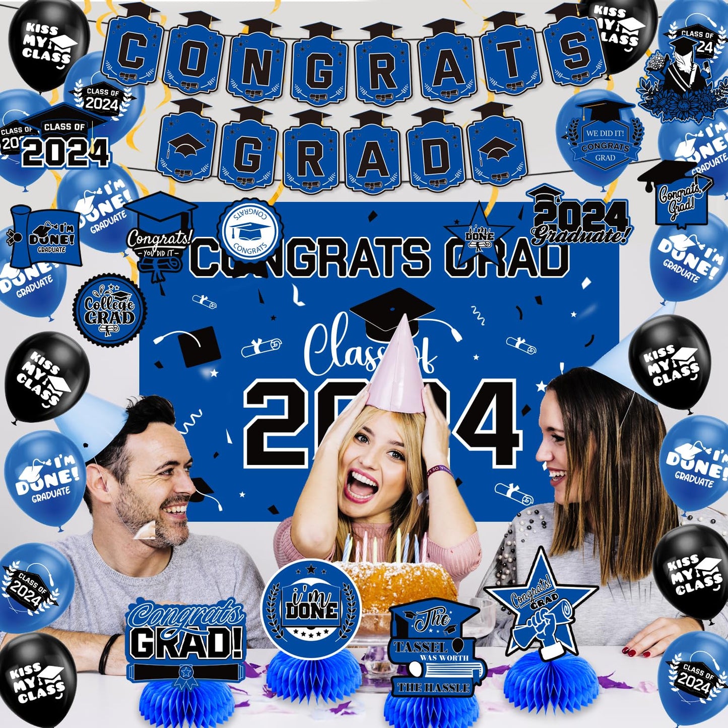Graduation Decorations Class Of 2024, Congrats Grad Banner, Class Of 2024 Backdrop, Balloons & Hanging Swirl, Honeycomb Party Su