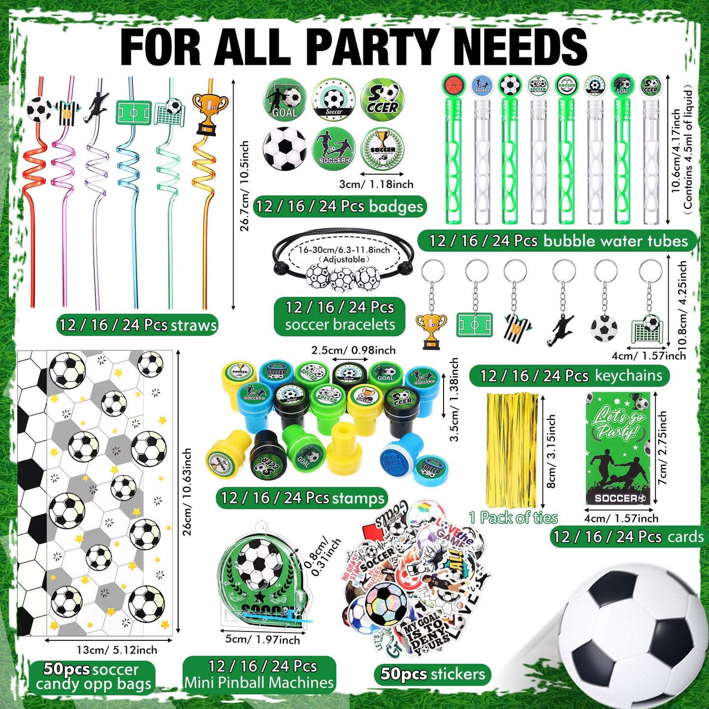 Saypacck 197 Pcs Soccer Party Favors with Ball Bracelets Mini Pinball Mini Bubble Wands Straws Keychains Badges Stickers Stamps