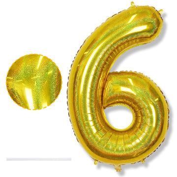 6 Year Old Birthday Balloons For Kids, Laser Gold Self Inflating Giant Mylar Number 6 Balloons, Foil Iridescent Globos Dorados 4