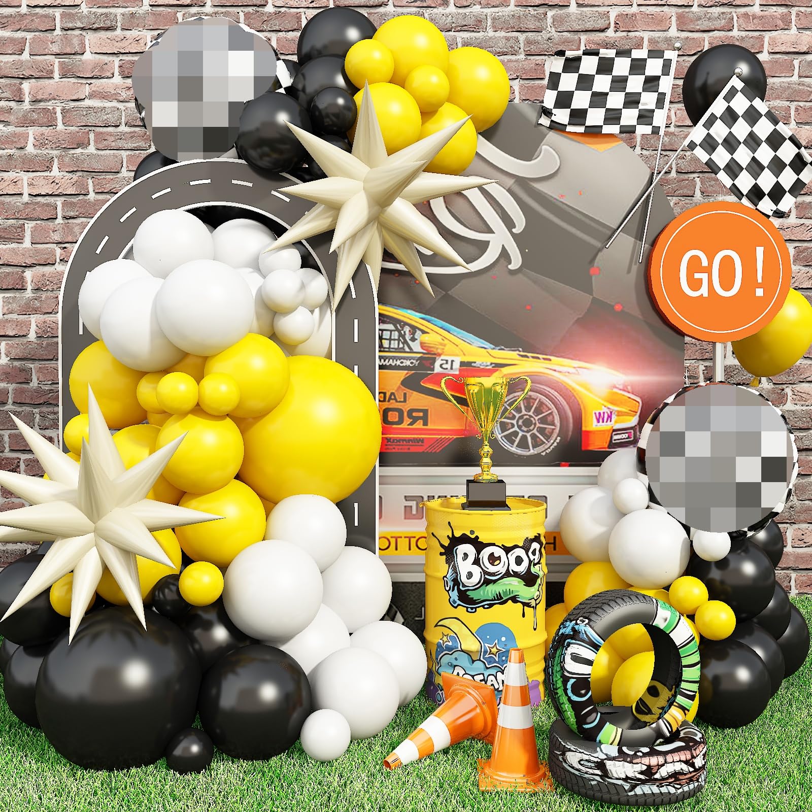 Black And Yellow White Balloon Arch Kit, 115 Pcs Race Car Birthday Party Decorations Balloons Garland, 18 Inch Checkered Mylar E