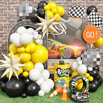 Black And Yellow White Balloon Arch Kit, 115 Pcs Race Car Birthday Party Decorations Balloons Garland, 18 Inch Checkered Mylar E