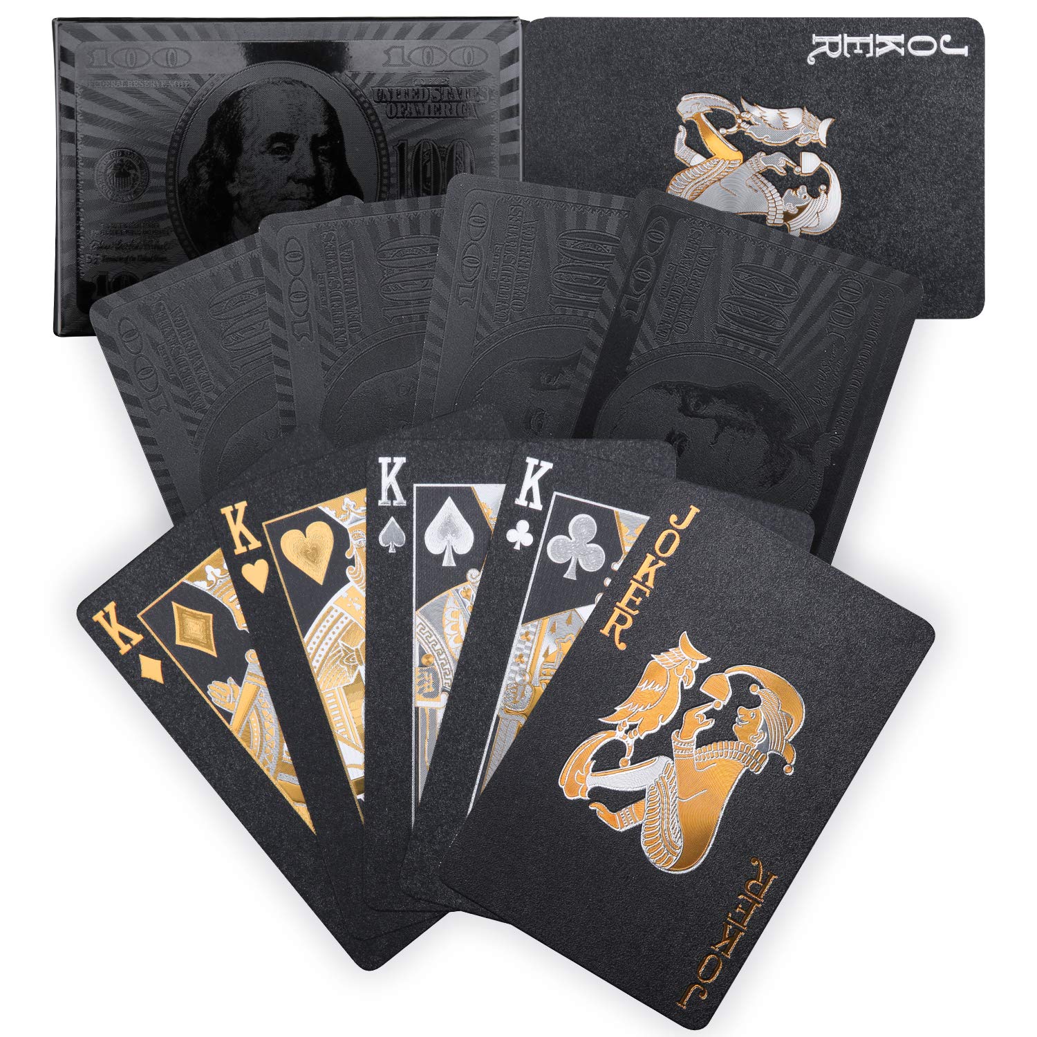 Joyoldelf Cool Black Playing Cards, Waterproof Poker With Dollar Pattern, Black-Gold Foil Cards With Box, Great For Magic & Party