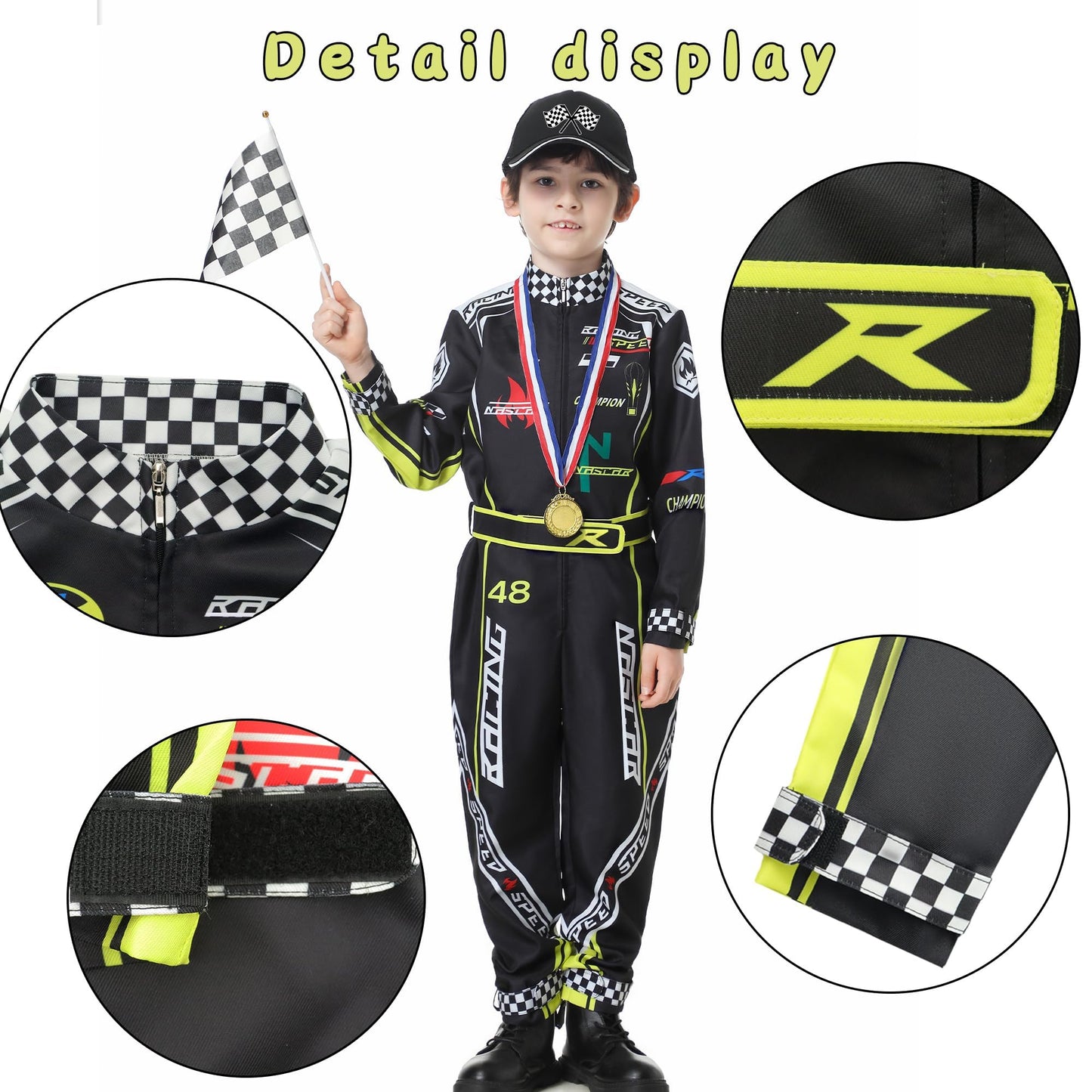 Treyrea Race Car Driver Costume Boys Racer Jumpsuit With Car Cap Kids Dress Up For Halloween (Black, M(For Height 50''-53''))