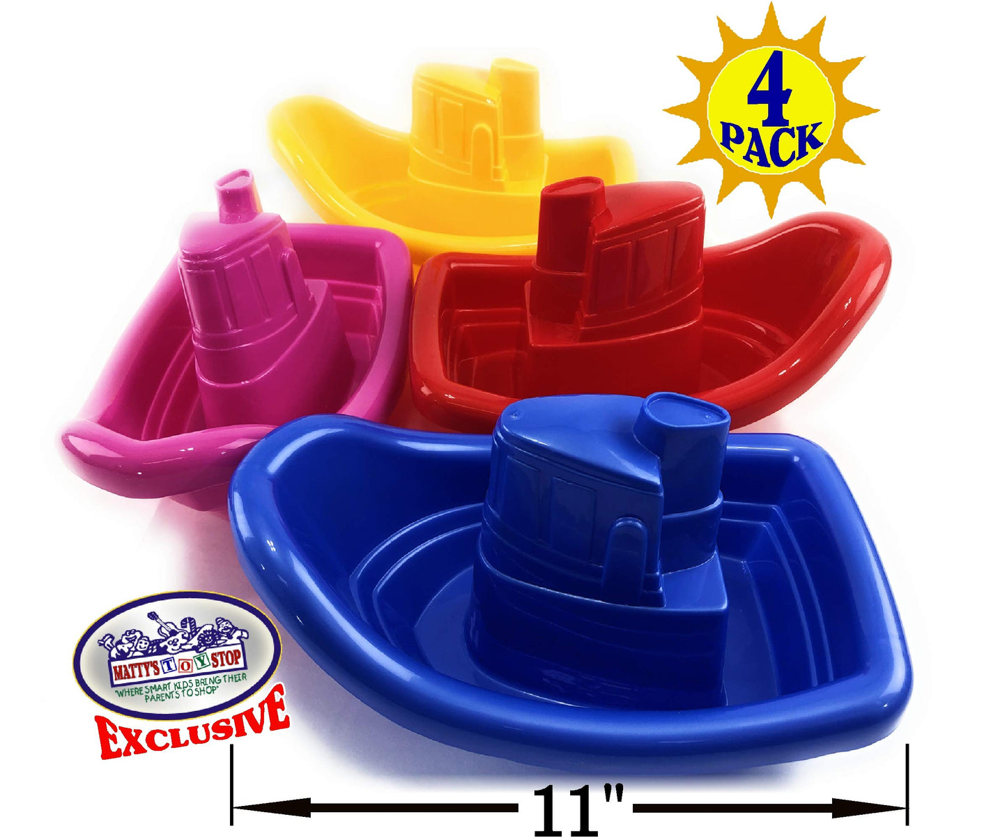 Matty'S Toy Stop Plastic Nesting/Stacking Tug Boats (11') Red, Blue, Pink & Yellow Gift Set Bundle, Perfect For Bath, Pool, Beach Etc. - 4 Pack