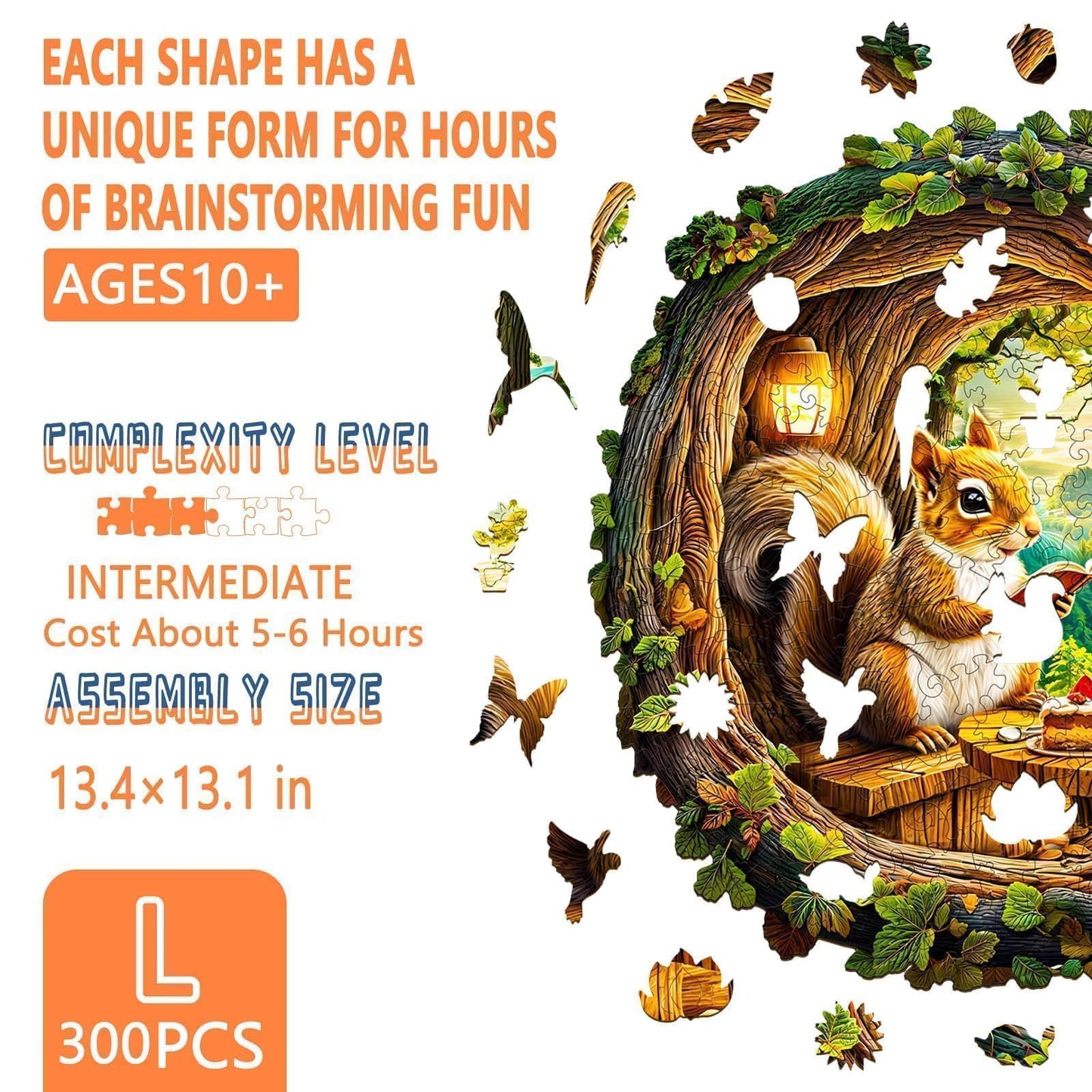 Wooden Puzzles for mature-themeds - Squirrel in The Cave  Flat Puzzle with 3D Visual Effect  Unique Shape Wood Puzzles mature-themed  Good Gift Idea for Friend and Family (L-13.4 * 13.1in-300 Pieces)