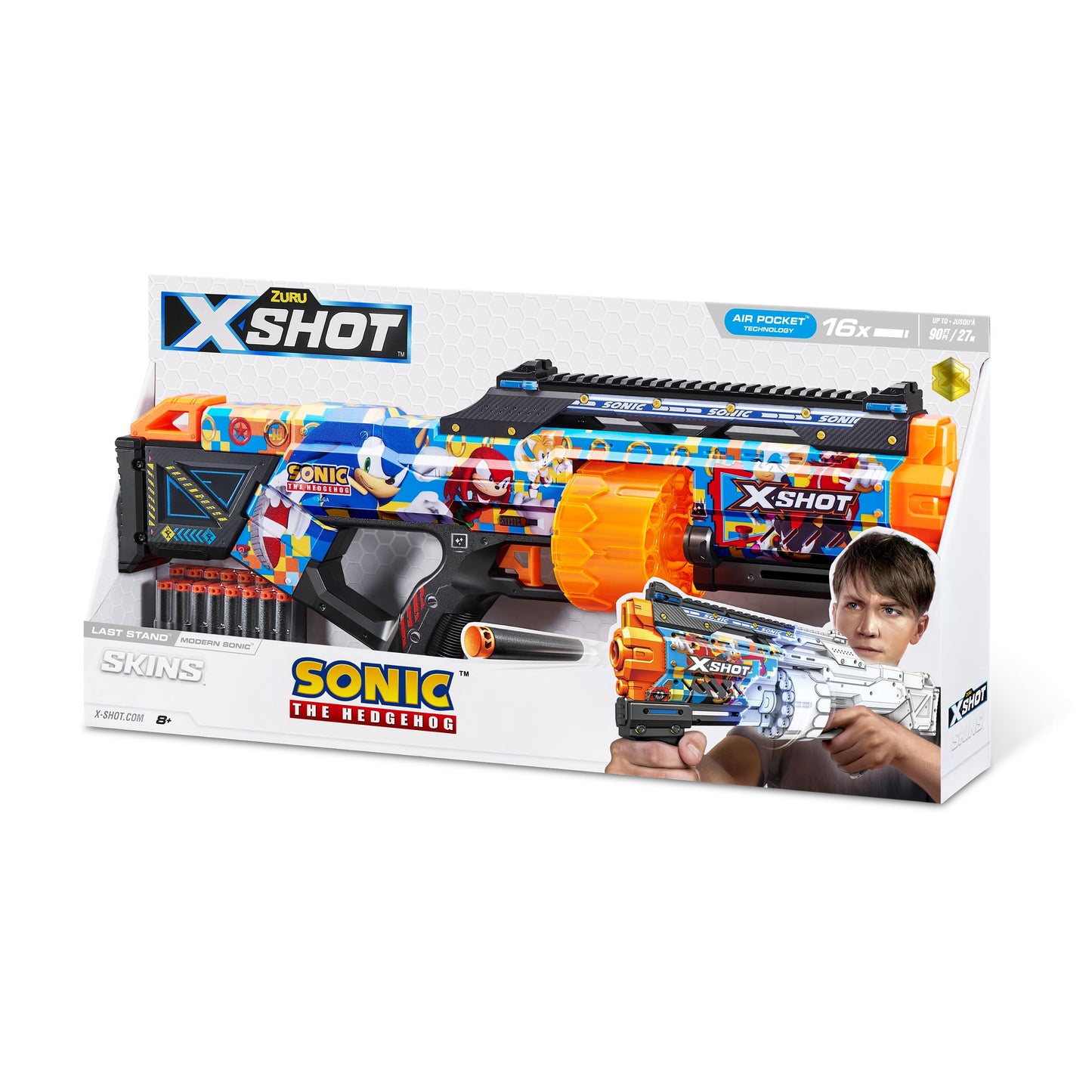 X-Shot Skins Last Stand Blaster - Modern Sonic Skin By Zuru Sonic The Hedgehog Design With 16 Darts, Slam Fire Action, Air Pocket Dart Technology, Toy Foam Blaster For Kids, Teens And Adults