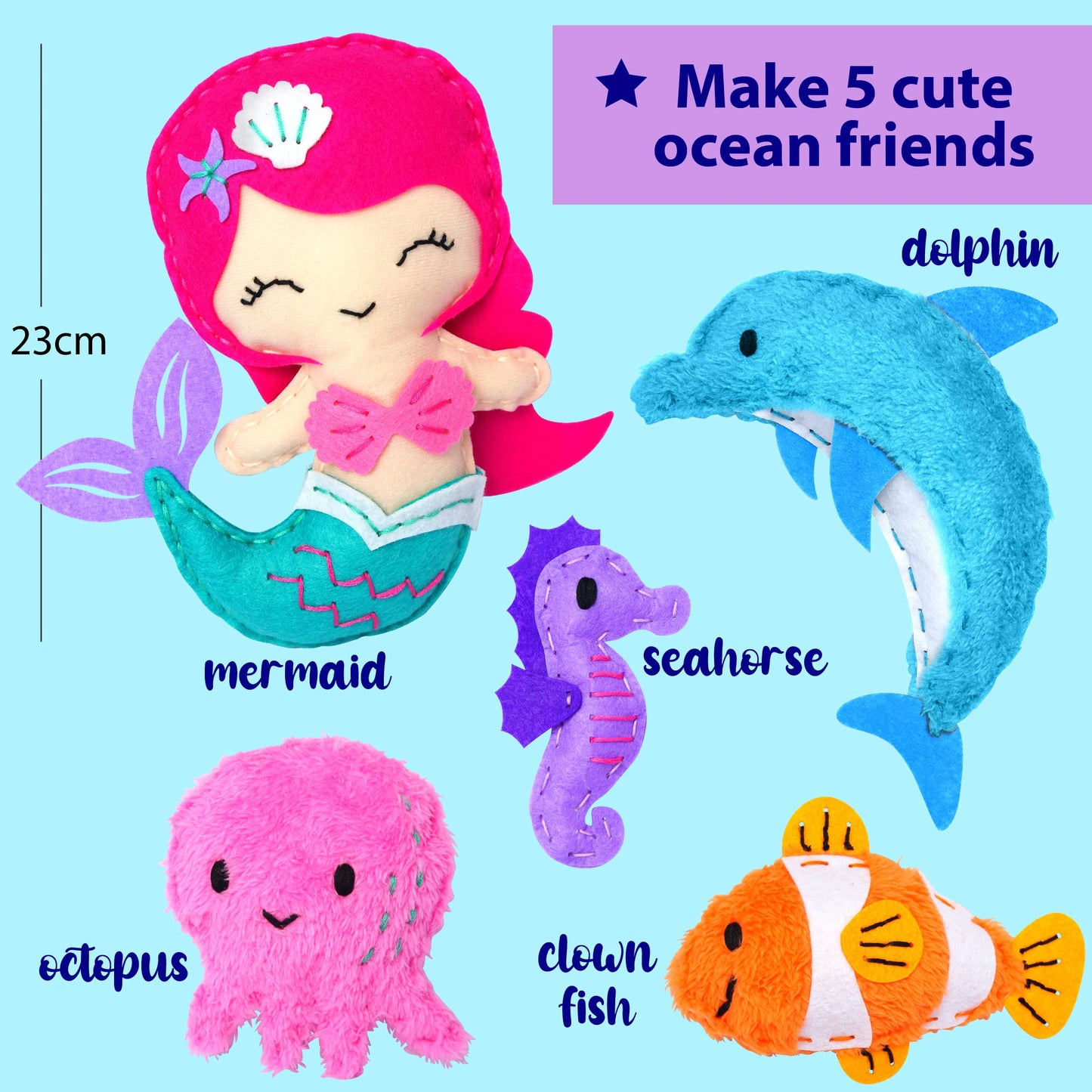 KRAFUN Mermaid Sea Animals Beginner Sewing Kit for Kids Art & Craft kit, Includes 5 Soft Plush Dolls, Instructions & Felt Materi
