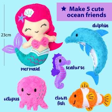 KRAFUN Mermaid Sea Animals Beginner Sewing Kit for Kids Art & Craft kit, Includes 5 Soft Plush Dolls, Instructions & Felt Materi