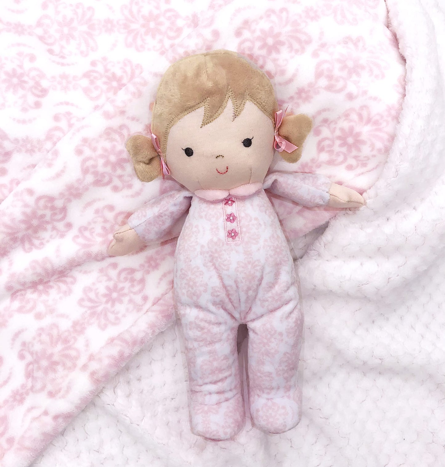 Little Me Plush 11 inch Baby Doll with Rattle, Brigitte (Floral Damask, Pink)