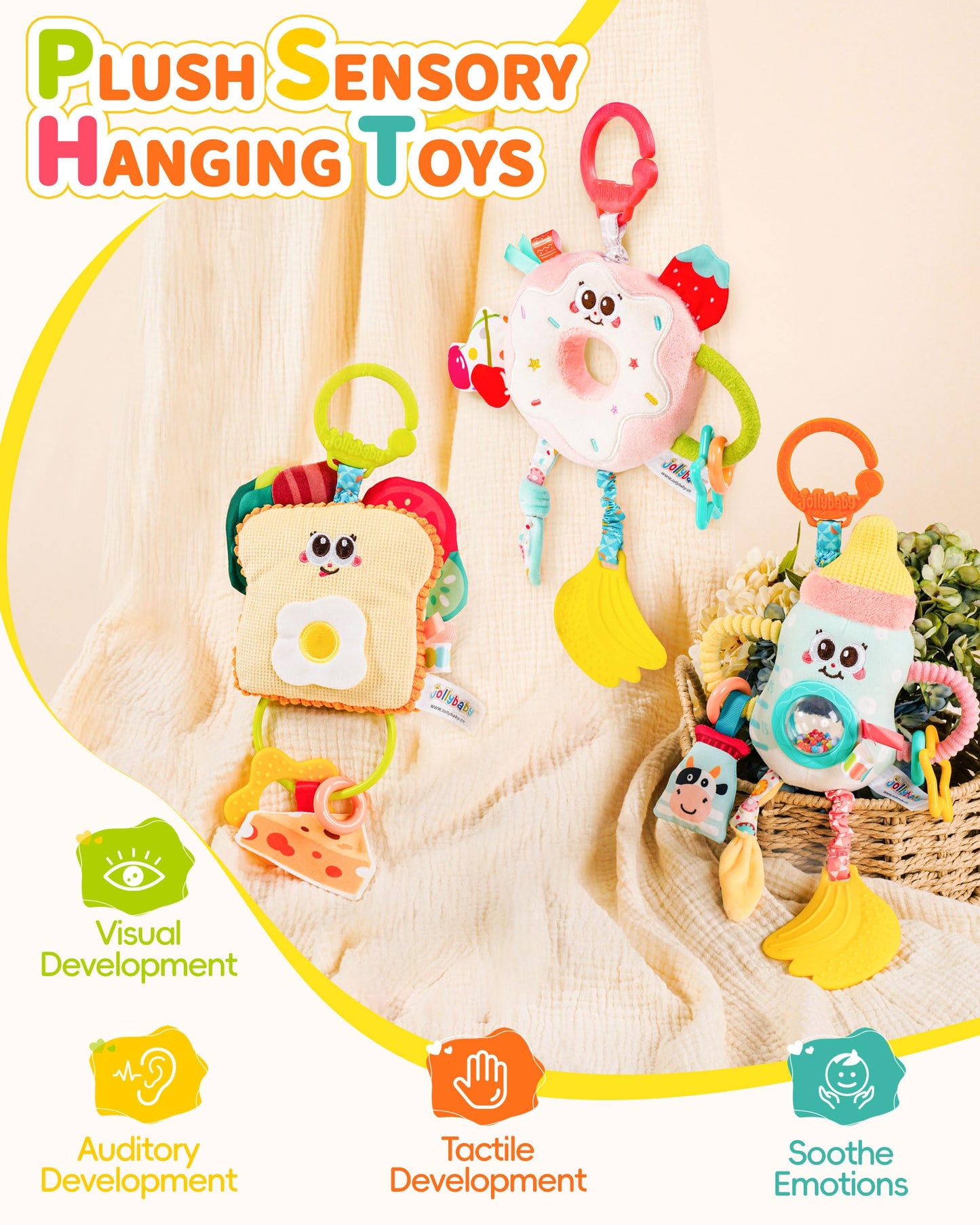 Jollybaby Baby Pull Vibration Toy - Tummy Time Sensory Hanging Toys for Car Seat  Stroller  Crib & Play Gym  with Babies Rattles & Teether  Air Travel Toys for Toddlers Gift- Toast