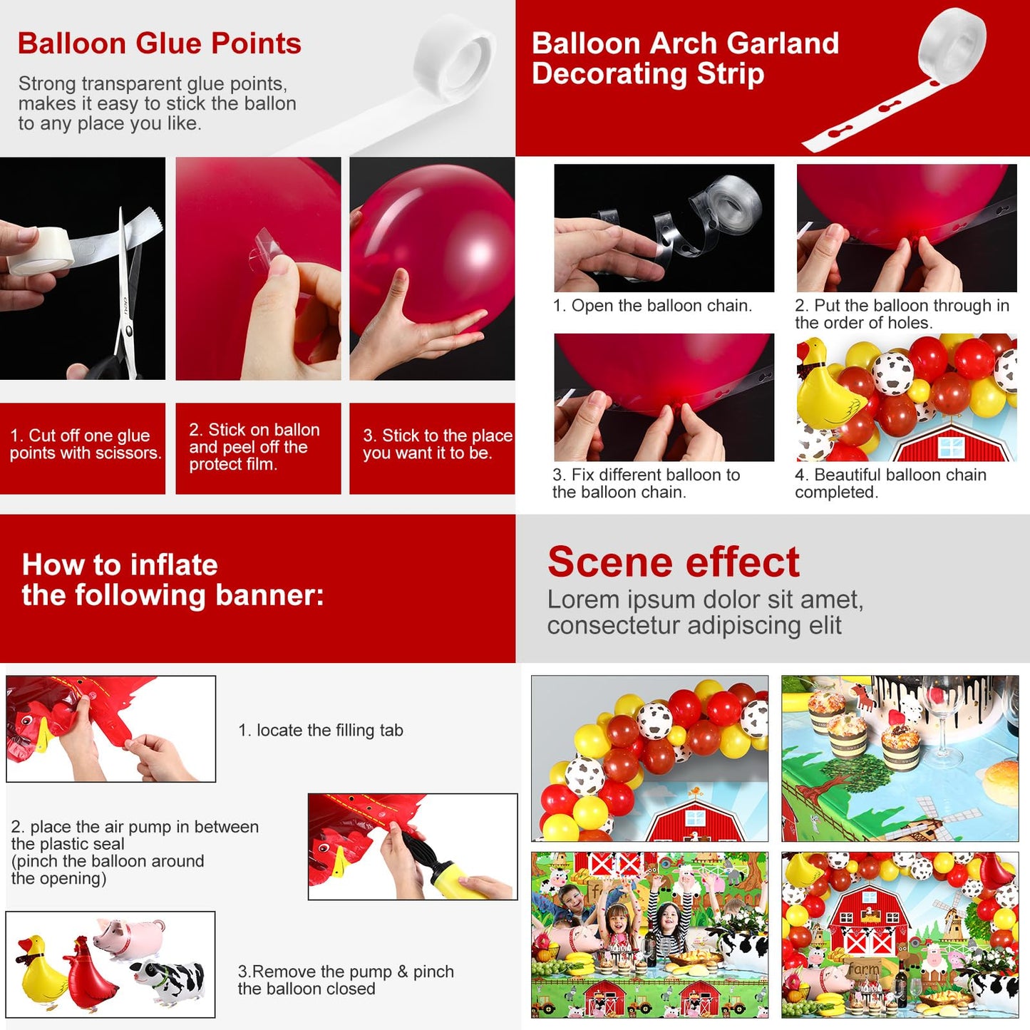 Farm Animals Theme Party Decorations Farm Barn Animals Backdrop Banner Farmhouse Animals Decor Party Tablecloth Balloon Arch Garland Kit For Birthday Photography Baby Shower Party Supplies (Red)