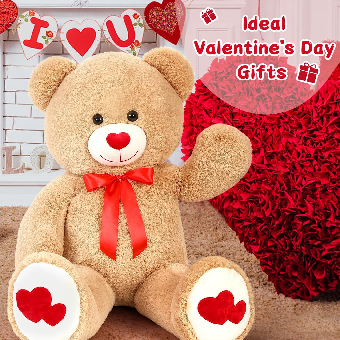 BENINY 6ft Red Heart Teddy Bear - Giant Stuffed Animal, I Love You Embroidered, Brown Polyester for Girlfriend Christmas Birthday Gifts