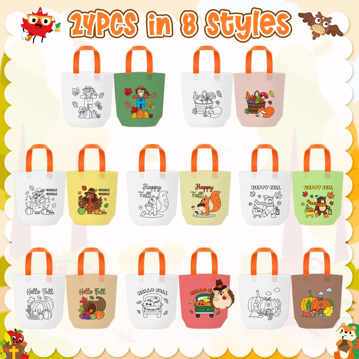 JAPBOR Fall Coloring Goodie Bags - 24PCS Autumn Colouring Gift Bag Bulk for Kids, Color Your Own Thanksgiving Painting DIY Craft