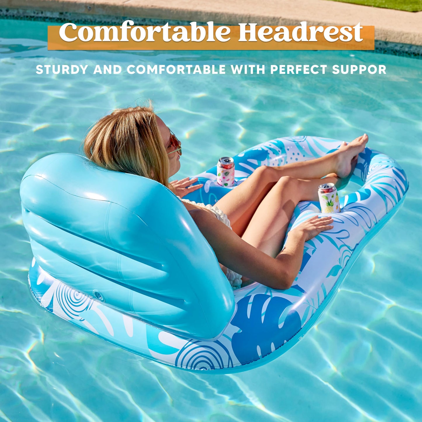 Sloosh Pool Lounge Float mature-themed  Inflatable Pool Floats Lounger Raft Floaties Water Floating Recliner Chair with Cup Holders Foot Rest Swimming Pool Floaty  Blue