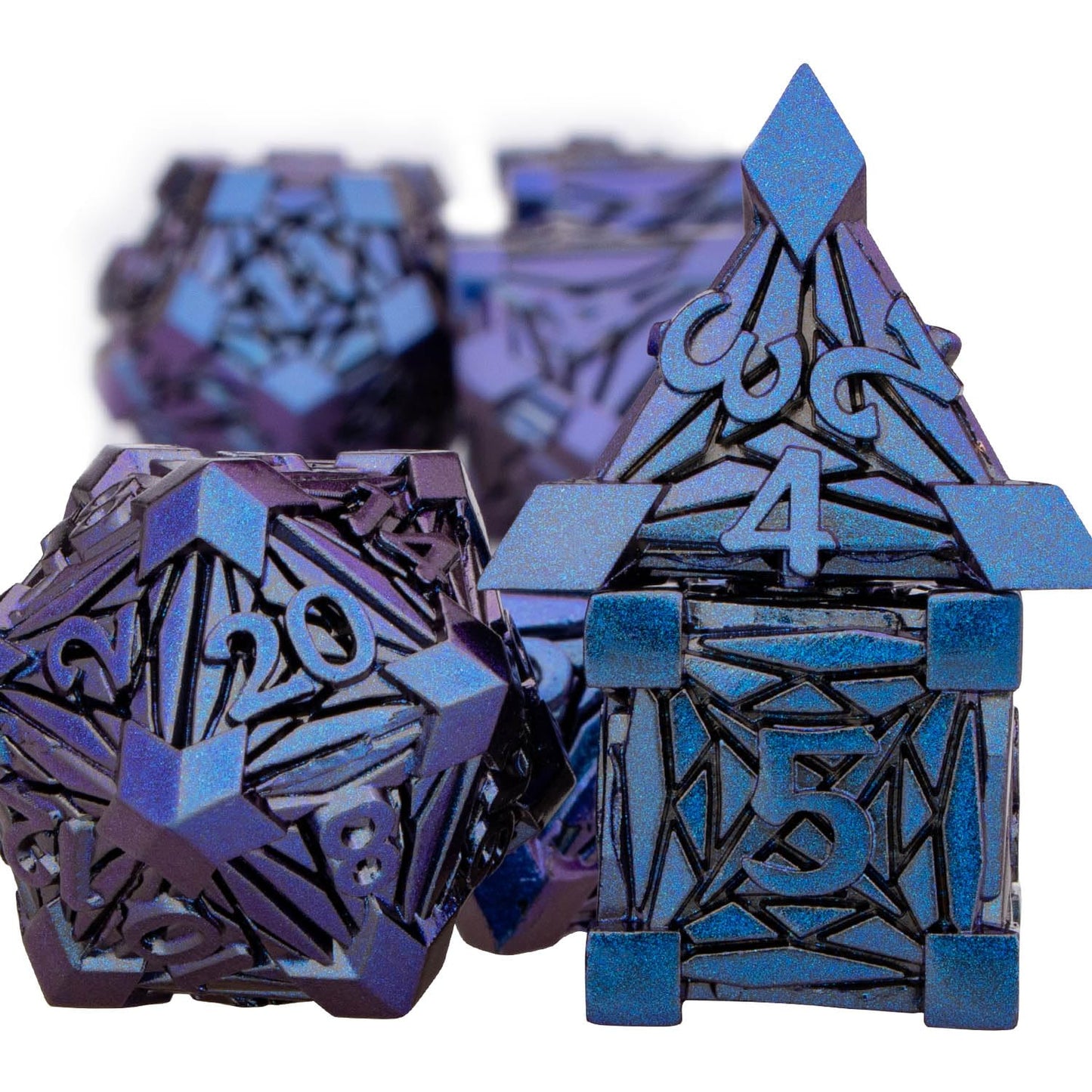 ORIFANTOU 7PCS Metal DND Dice Set Blue Purple D&D Dice with Box, Debris RPG D and D Dice Dungeons and Dragons Role Playing Game