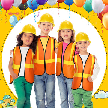 Geyoga 16 Pcs Construction Vest For Kids Party Favors Hard Hat Construction Dressing Up Supplies Construction Funny Worker Costume For Birthday Party, Including 8 Vests And 8 Construction Hats