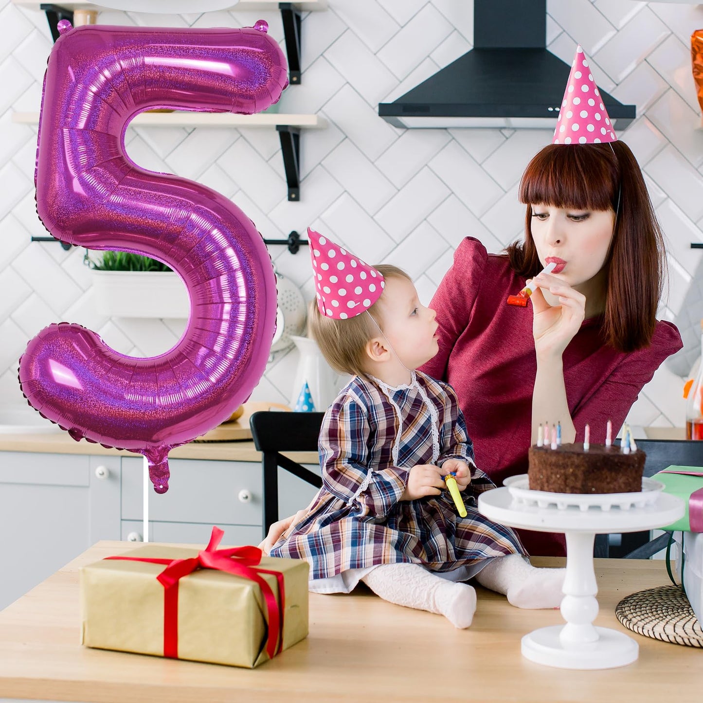 5 Balloons Number Laser Hot Pink, 40 Inch Mylar Number 5 Balloons Self Inflating For Women Anniversary Decor, Giant Foil Helium