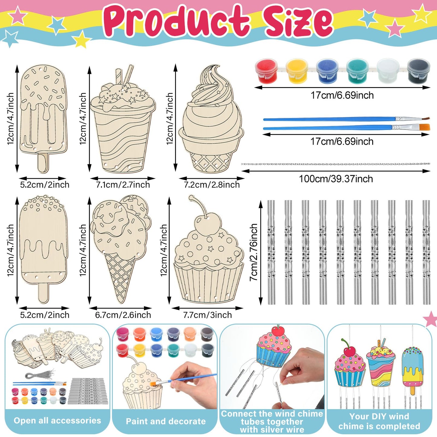 Silipull 24 Sets Ice Cream Wind Chimes Craft for Kids Color Your Own Windchime DIY Unfinished Wood Hanging Ornaments Coloring Wi