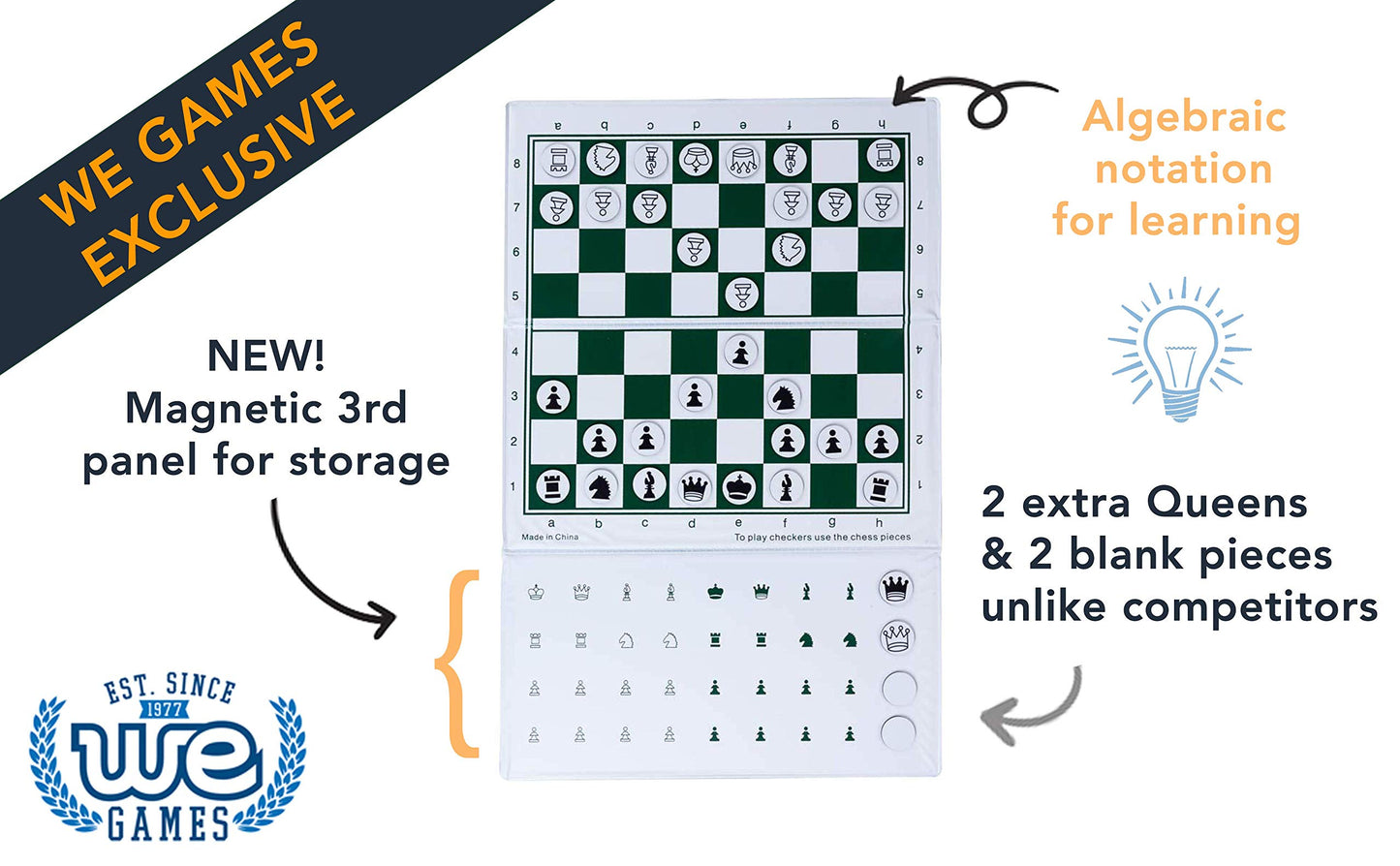 WE Games Mini Magnetic Travel Chess Set - 10-Inch Foldable Board, Durable Vinyl Pieces, White Logo