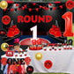 JOYMEMO Boxing 1st Birthday Party Decorations - Round Backdrop, Cake Toppers, Highchair Banner, Red & Black, Model F-PA-8046