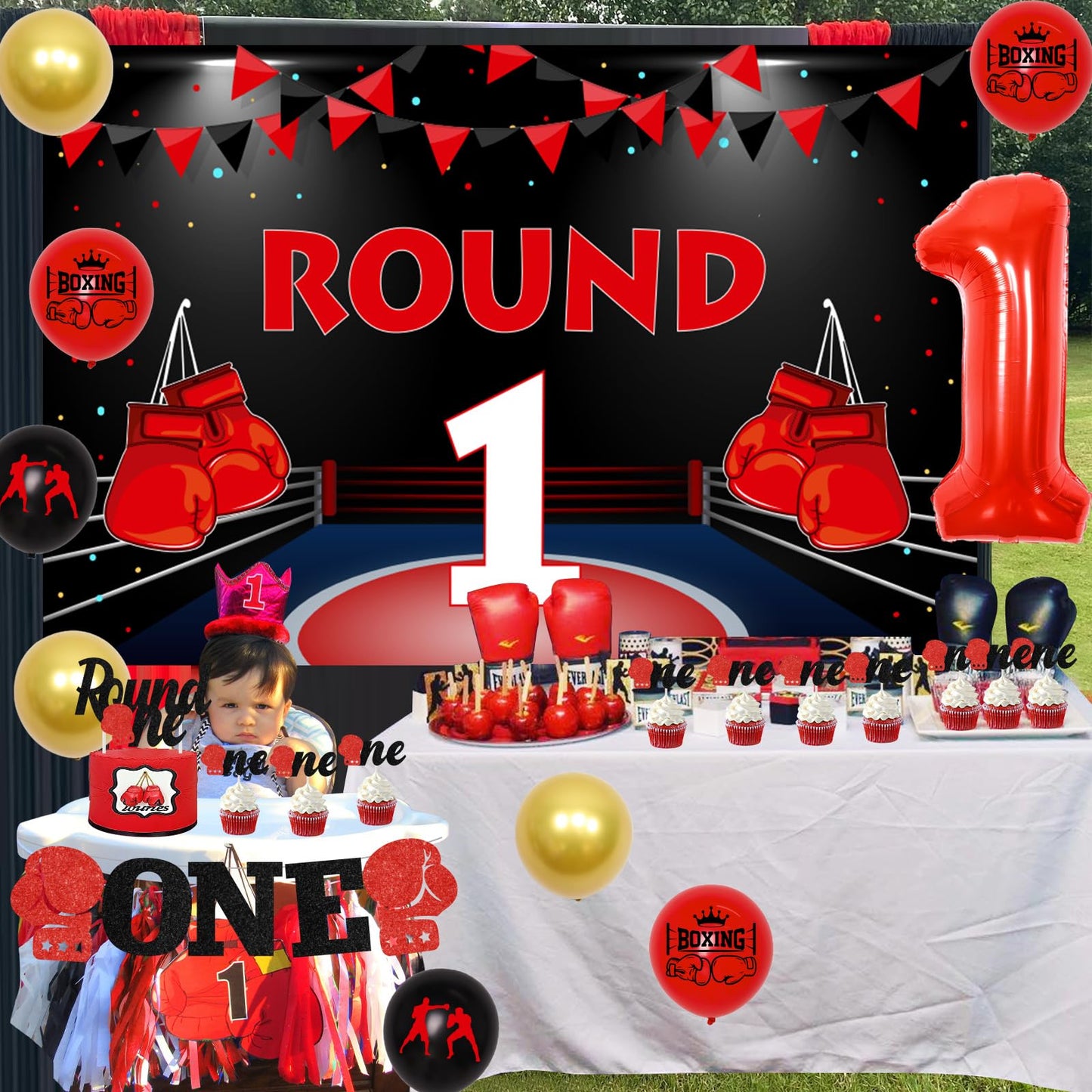 JOYMEMO Boxing 1st Birthday Party Decorations - Round Backdrop, Cake Toppers, Highchair Banner, Red & Black, Model F-PA-8046