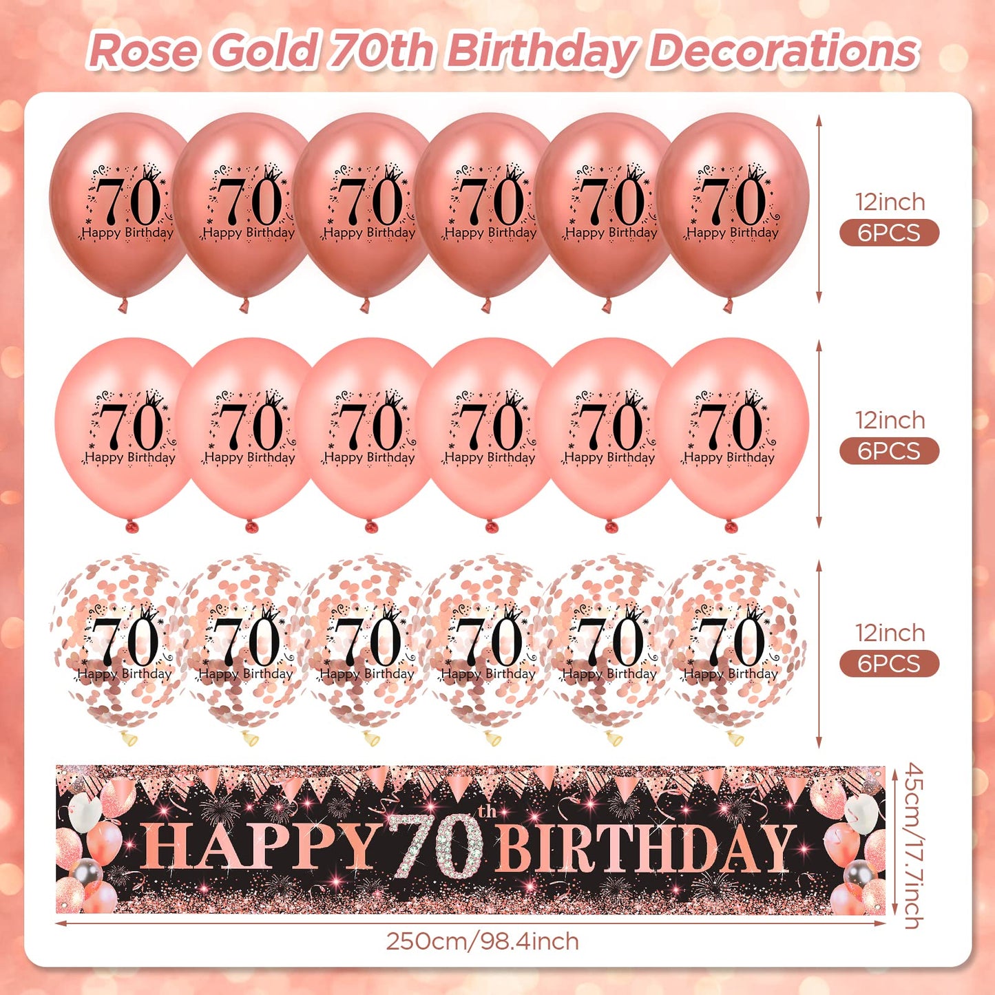 70Th Birthday Decorations For Women, Large Black Rose Gold Happy 70Th Birthday Yard Banner And 18Pcs Rose Gold 70Th Birthday Party Decorations Balloons For Women Men, 70 Years Old Party Supplies