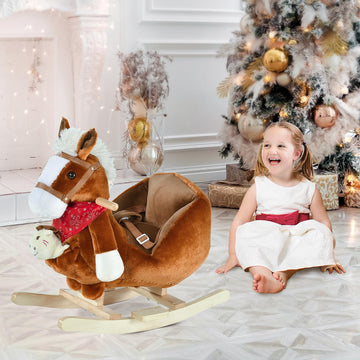 Qaba Kids Ride-On Rocking Horse Toy, Rocker With Lullaby Song, Hand Puppets & Soft Plush Fabric For Children 18-36 Months, Brown