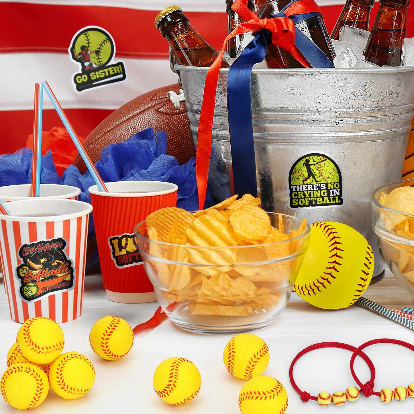 74PCS Softball Party Favors Gifts Softball Charm Bracelets Softball Stress Ball Softball Stickers Softball Adjustable Wristbands