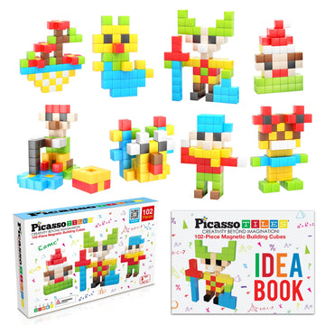 Picassotiles 102 Pieces 1'' Magnetic Toy Building Block Cubes Building Block, 3D Cube Construction Cubes Magnet Sensory Toys Gif