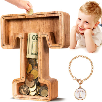 SummiDate Wooden Letter Piggy Bank Piggy Bank for Boys and girls Alphabet Money Bank Thanks Giving Gifts(Initial-T)