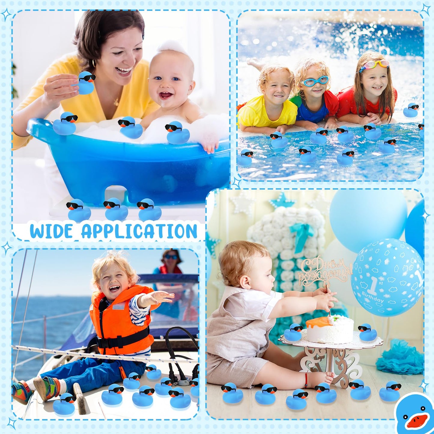 Sosation 36 Packs Mini Rubber Ducks With Sunglasses Sets 2.2 Inch Bath Squeaky Rubber Duckies Cute Float Bathtub Toys For Little One Birthday Party Favors Class Prizes Car Decor(Blue)