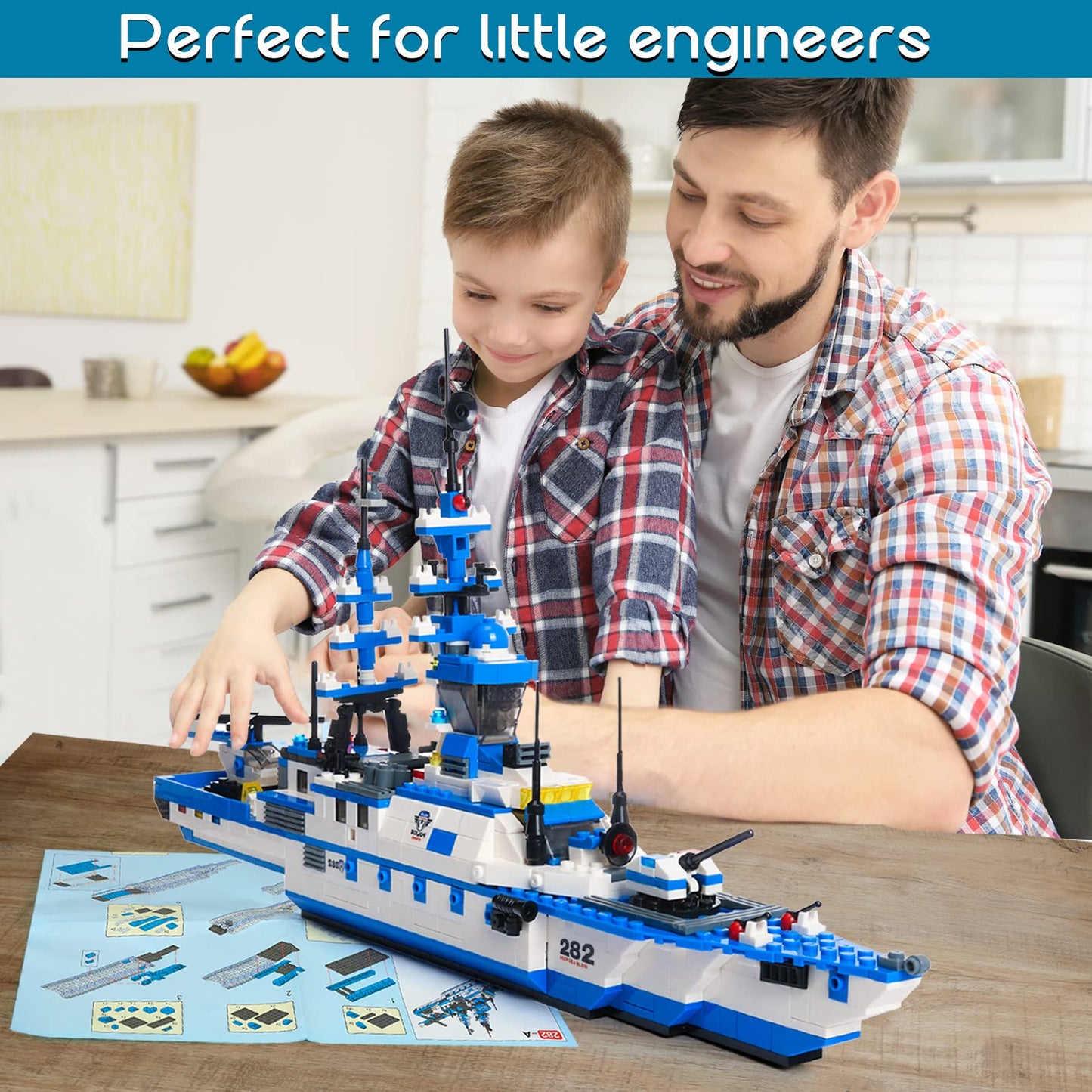 EP EXERCISE N PLAY Police Ship Building Blocks Kit, 1169 Pieces, Large, Blue, Includes Cop Car & Helicopter for Ages 6-12