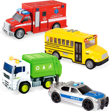 JOYIN 4 Pcs 7'' Long Vehicle Toy Set, Toddlers Cars with Lights and Siren Sound, Including Play Police Car, School Bus, Toy Garb
