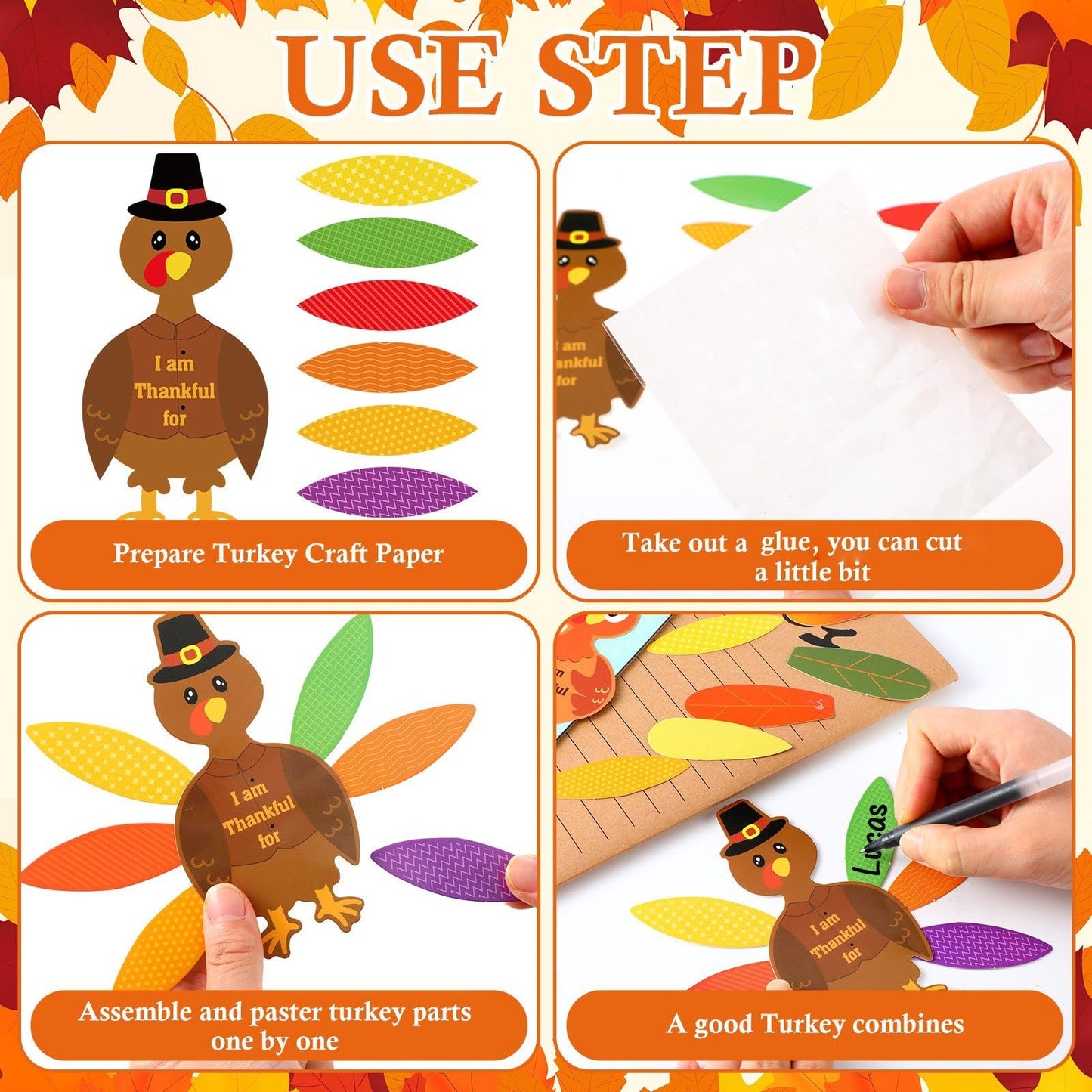 AmazingSpark 36 Sets 252 Pcs Thanksgiving Turkey Craft Kit Thanksgiving Crafts Turkey Paper Card Thankful Cards Decor with Glue