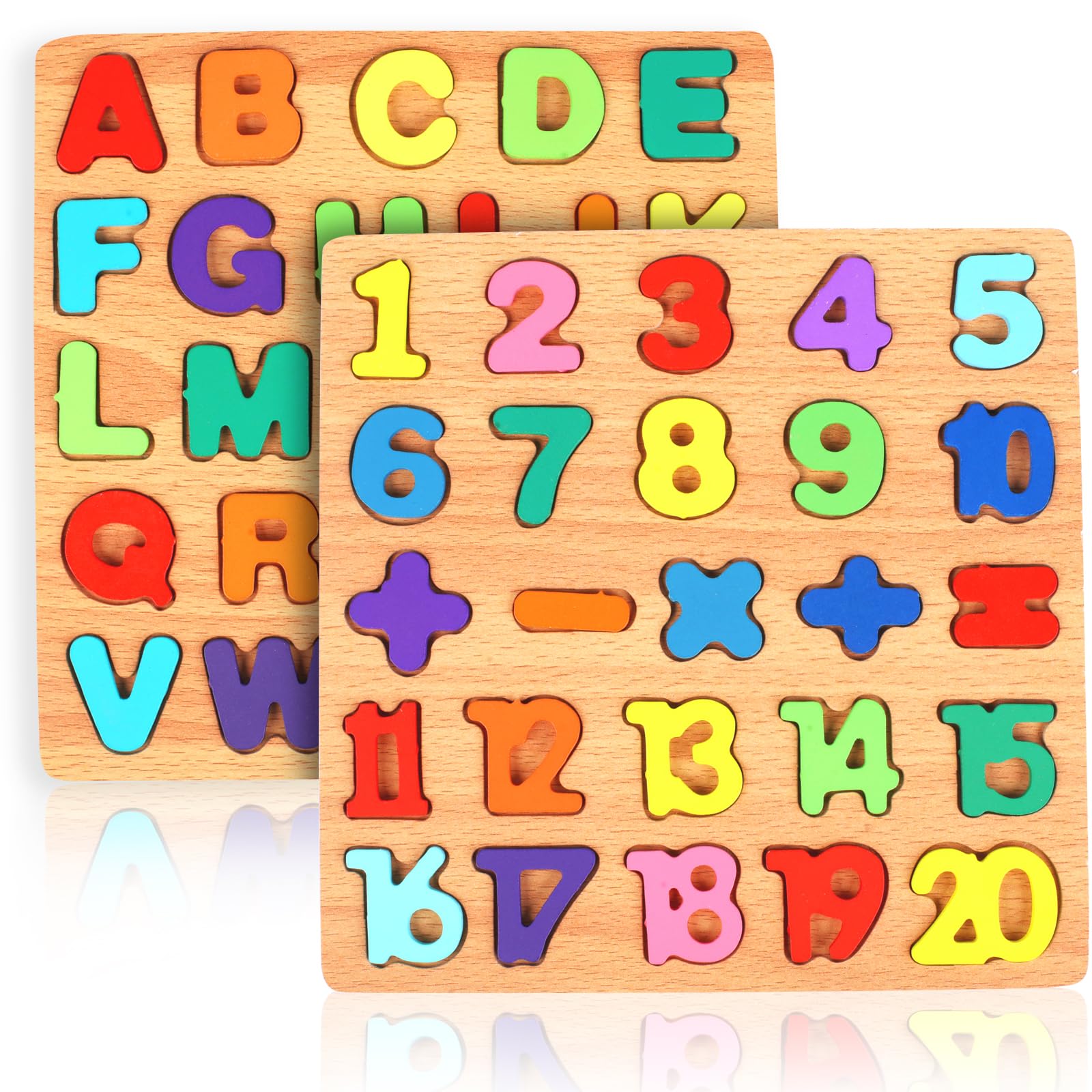 2 Pack Wooden Puzzles  Toddlers Alphabet Number Puzzles  ABC Learning Toys for Kids Ages 3-5  Preschool Learning Activities Gift Set for Boys & Girls
