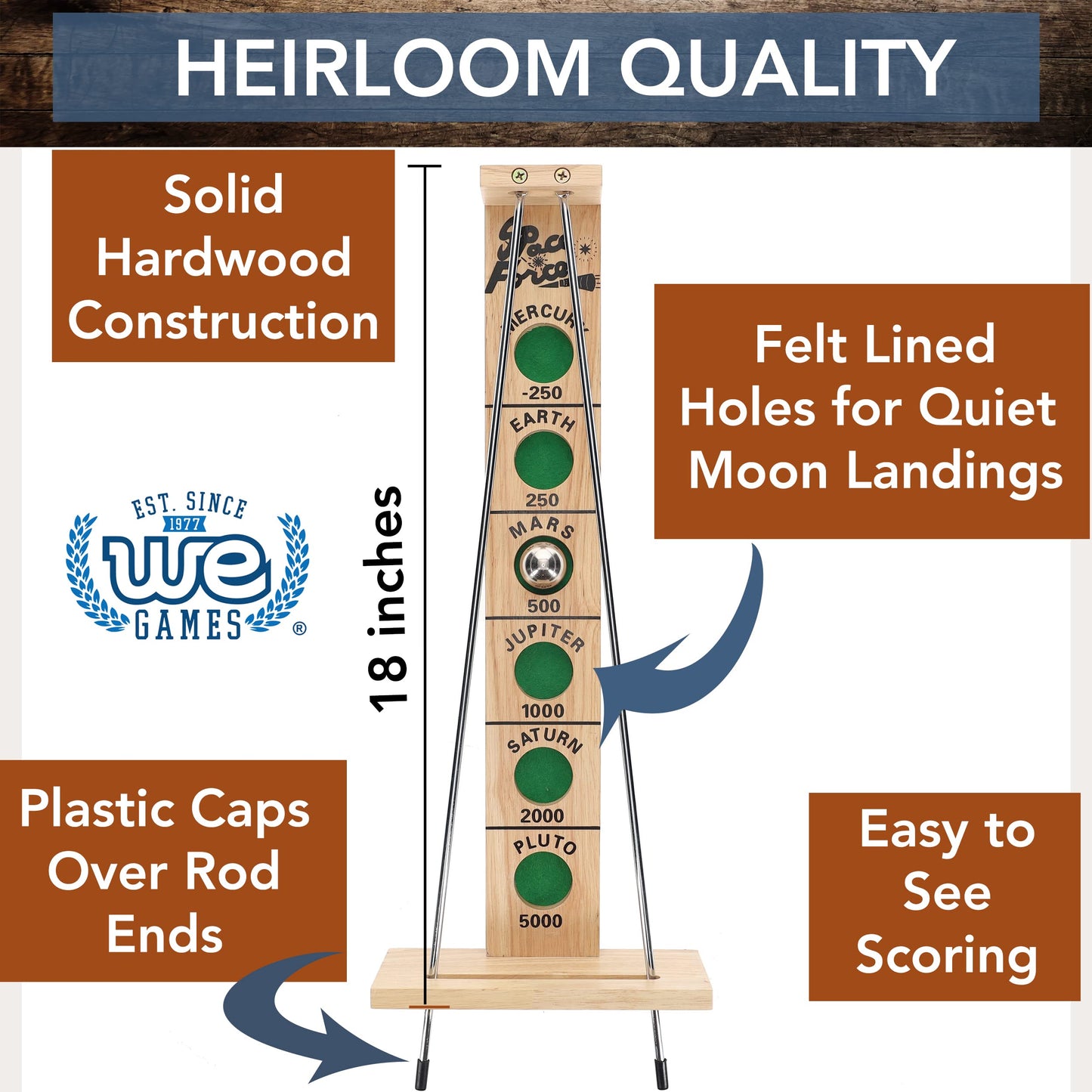 WE Games Shoot The Moon Solid Wood Board Game - 20 in., Natural Finish, Model 49-7028