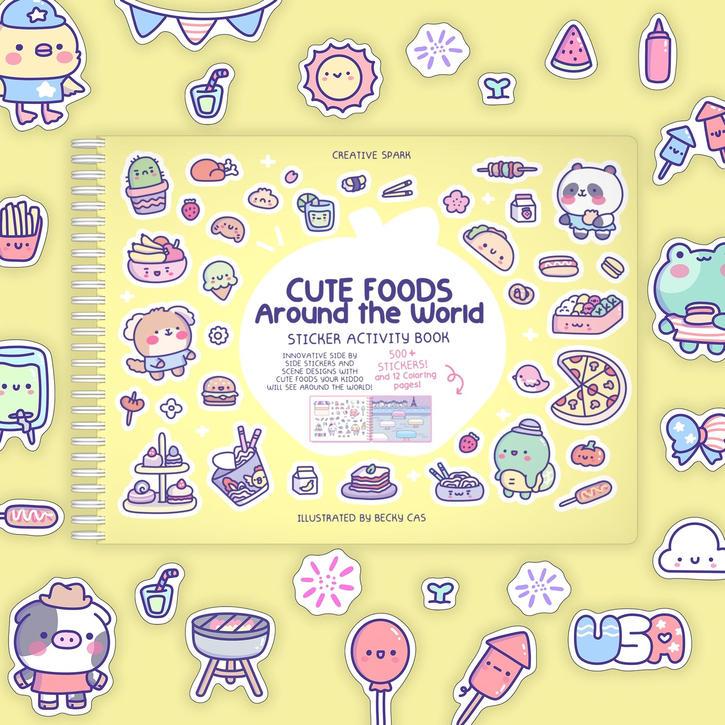 Cute Foods Around The World Sticker + Coloring Book (500+ Food Stickers For Kids & 12 Coloring Pages)- Side By Side Sticker Acti