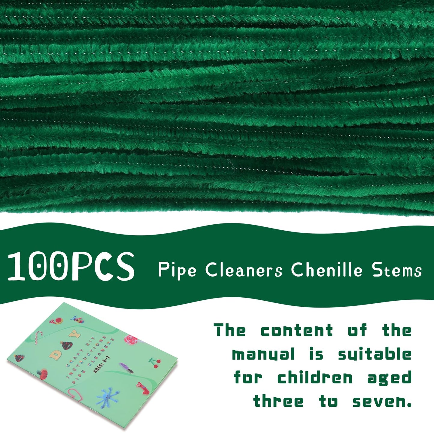 Giwrmu 100 Pieces Pipe Cleaners Chenille Stem, Dark Green Pipe Cleaners Craft, Fuzzy Sticks Craft Supplies, Colored Pipe Cleaner