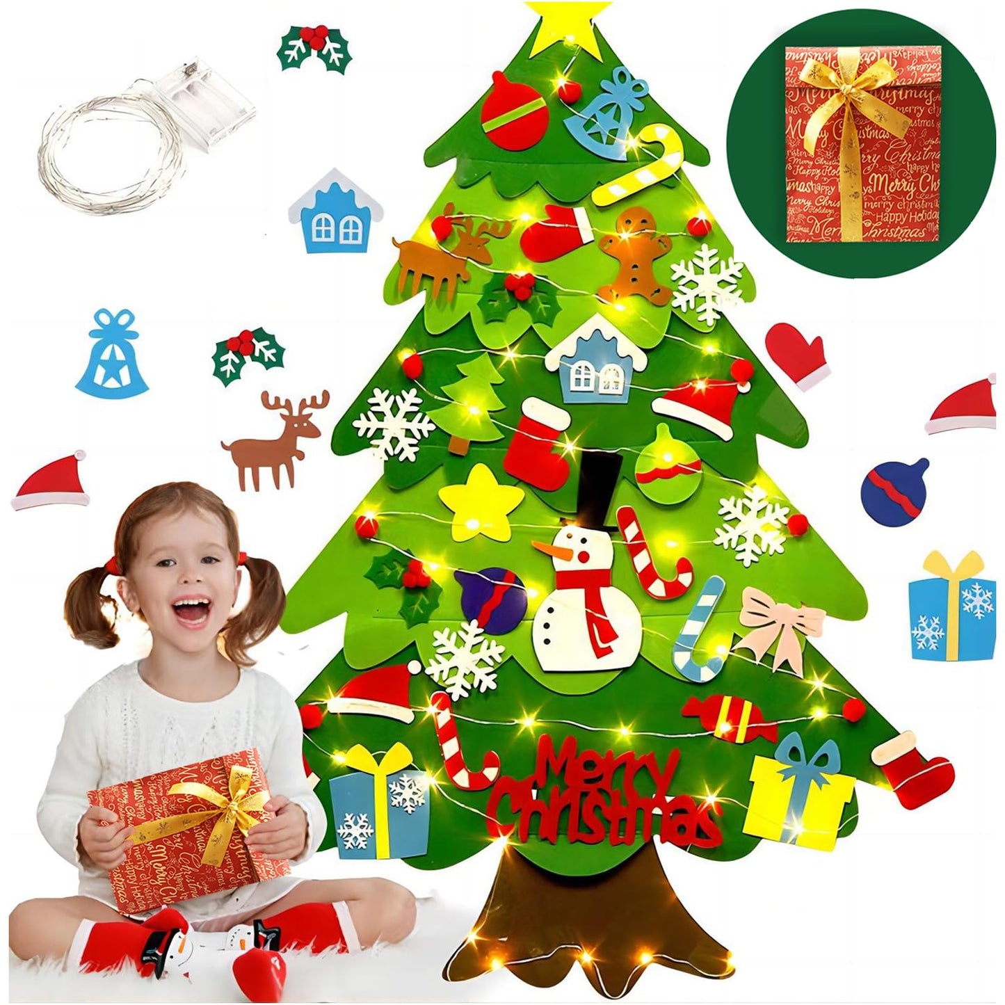 LNV Felt Christmas Tree with 32pcs Ornaments Xmas Decorations,Kids Christmas Tree with LED Light Wall Hanging Felt Christmas Tre