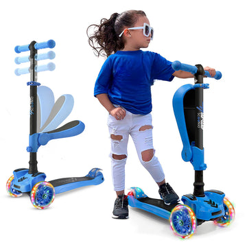 Hurtle 3-Wheeled Kids Scooter - Adjustable Lean-to-Steer Handlebar, Wheel LED Lights, Foldable Seat, Blue, One Size, Model HURFS56