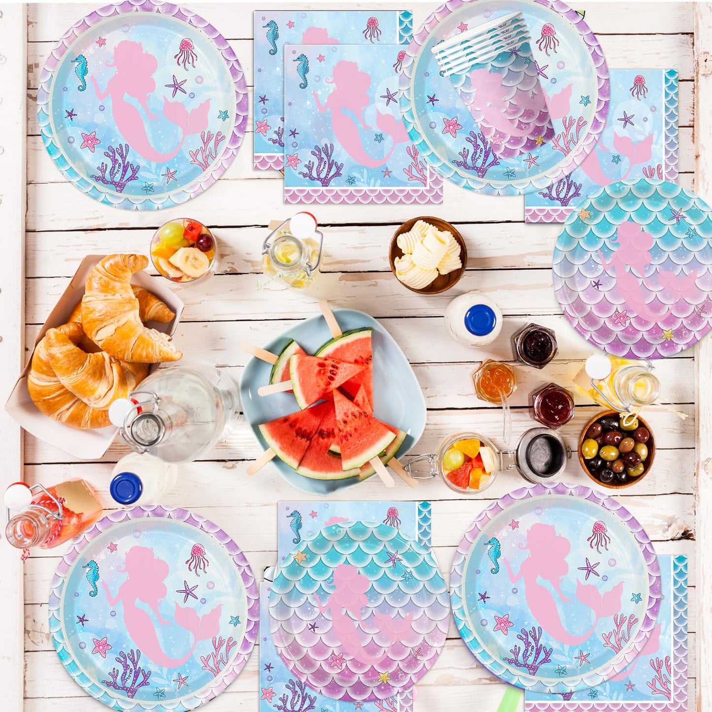 122Pcs Mermaid Birthday Party Supplies Mermaid Party Decorations Set Includes Plates, Napkins, Forks, Cups, Tablecloth, Banner F