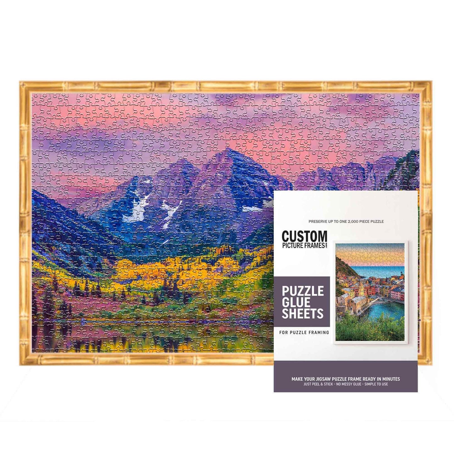11.25X38.25 Puzzle Frame Kit With Glue Sheets | Gold Bamboo Picture Frame | Real Wood With Uv Resistant Acrylic Front | Made To