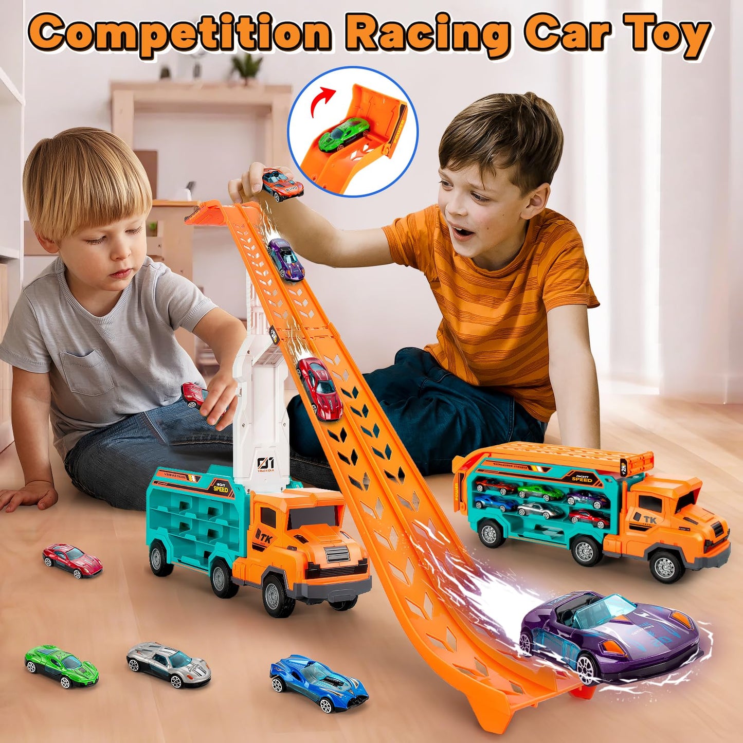 Kids Toys for 3 4 5 6 7 8 Years Old Boys, Carrier Truck Transport Car Toys, Foldable 2 Layer Car Race Track Playset with 25-in R