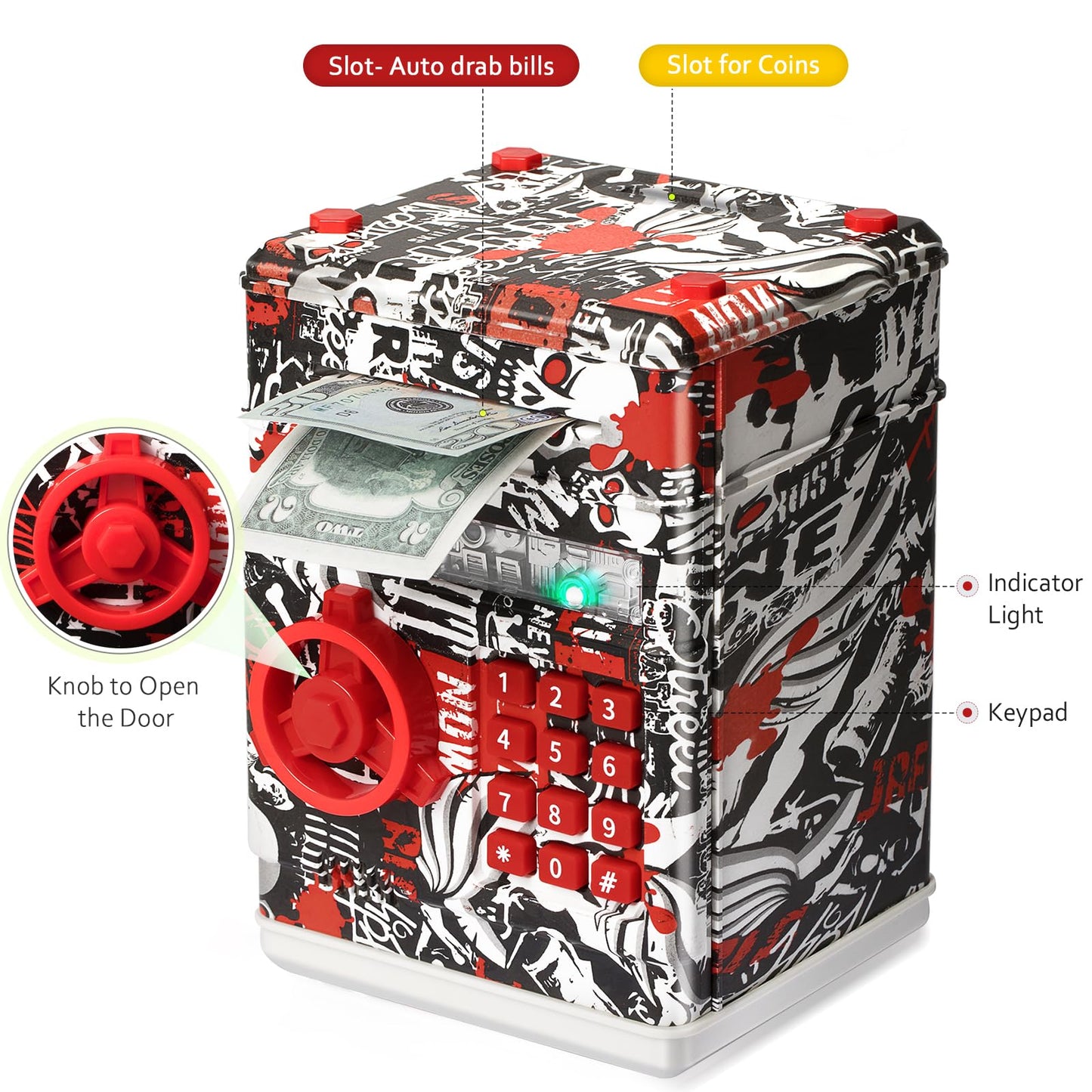 ATM Piggy Bank for Boys Girls  Vcertcpl Mini ATM Coin Bank Money Saving Box with Pasdecorative replica blade  Kids Safe Money Jar for mature-themeds with Auto Grab Bill Slot  Great Gift Toy Bank for Kids