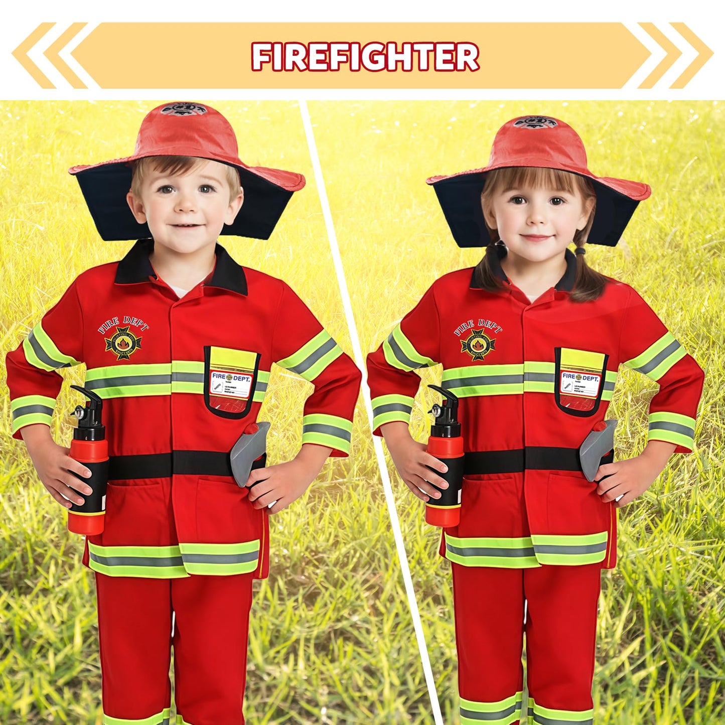 Rizuko Firefighter Costume For Kids With Tool,Fireman Outfit Toys For Boys And Girls Birthday Halloween Party Dress Up 8Pcs (Red