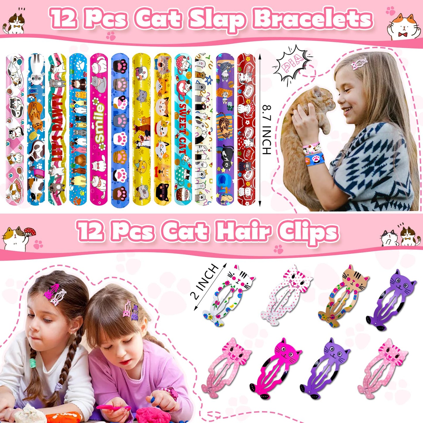 Joyvorite 158Pcs Cat Party Favors Set with Cat Headband Keychains Tattoo Stickers Erasers Slap Bracelets Hairpin Goodie Bags Cat