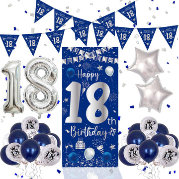 18Th Birthday Decorations For Boys Girls, Blue Silver Happy 18Th Birthday Decorations Door Banner, 32'' Number 18 Foil Balloon F