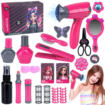 Hair Salon Toys for Girls, Kids Beauty Salon Pretend Play Set with Mirror, Toy Hairdryer, Styling Tools, Pretend Makeup & Hair S