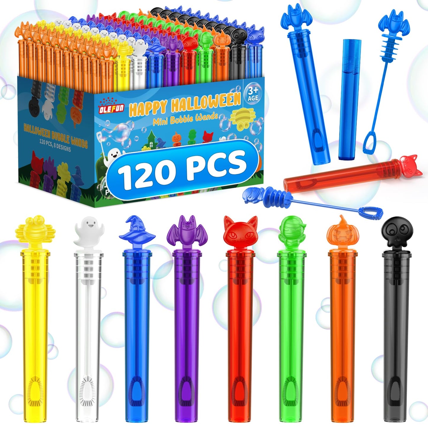 OleFun 120Pcs Halloween Bubble Wands in 8 Designs, Bulk Halloween Party Favors for Kids, Ideal Halloween Goodie Bag Stuffers, Tr