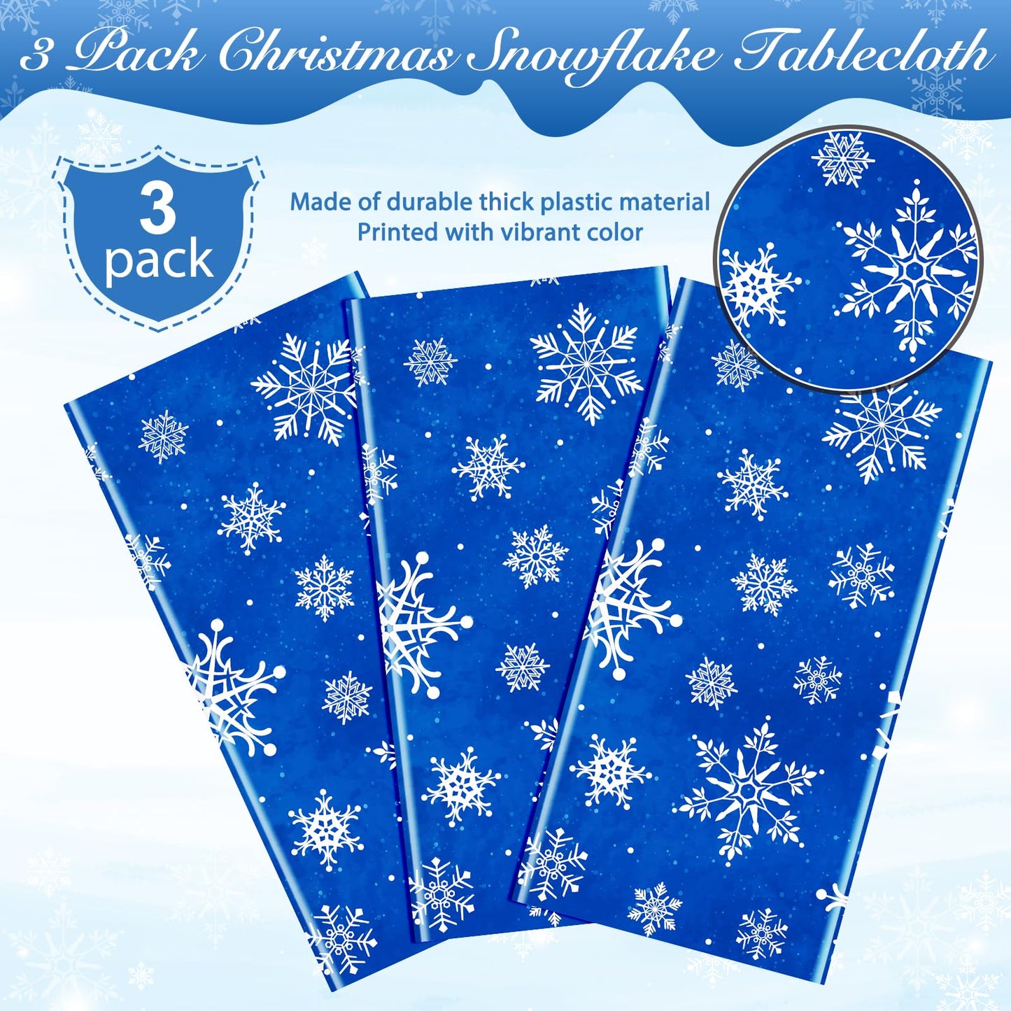 Jectivs 3 Pieces Christmas Snowflake Plastic Party Tablecloth Decorations,White Snowflake Blue Xmas Backdrop Sign Table Cover Ba